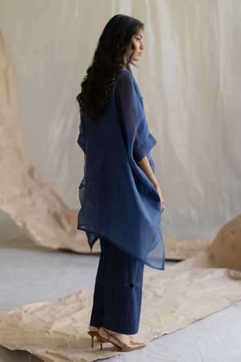Shop_Pooja-Keyur_Blue Organza, Denim High Neck Embroidered Kaftan And Pant Set _at_Aza_Fashions