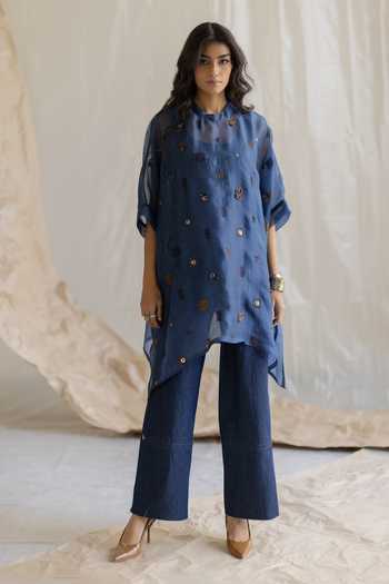 Pooja-Keyur_Blue Organza, Denim High Neck Embroidered Kaftan And Pant Set _at_Aza_Fashions