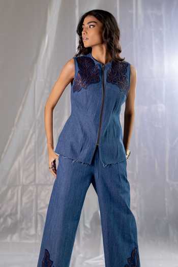 Pooja-Keyur_Blue Denim Round Neck Aari Embroidered Top And Pant Set _Online_at_Aza_Fashions