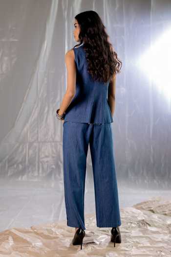 Shop_Pooja-Keyur_Blue Denim Round Neck Aari Embroidered Top And Pant Set _at_Aza_Fashions