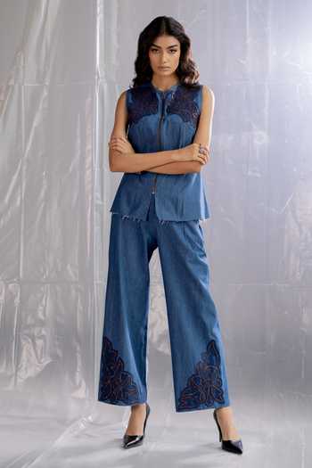 Buy_Pooja-Keyur_Blue Denim Round Neck Aari Embroidered Top And Pant Set _Online_at_Aza_Fashions