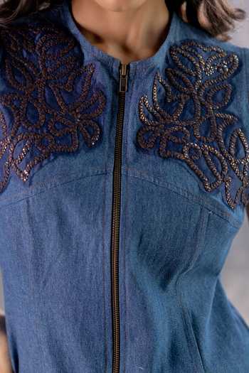 Pooja-Keyur_Blue Denim Round Neck Aari Embroidered Top And Pant Set _at_Aza_Fashions