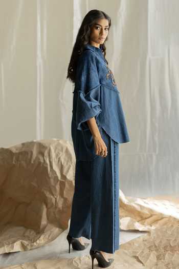 Pooja-Keyur_Blue Denim Collared Neck Embroidered Shirt And Pant Set _Online_at_Aza_Fashions