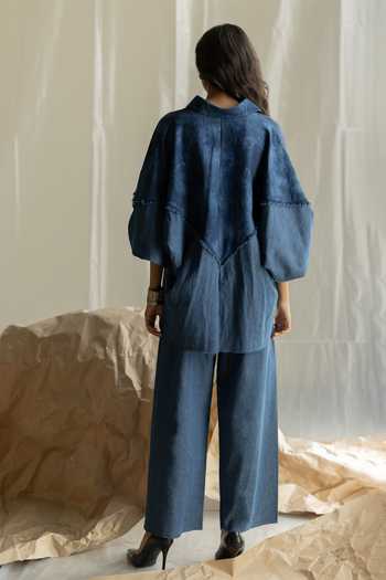Shop_Pooja-Keyur_Blue Denim Collared Neck Embroidered Shirt And Pant Set _at_Aza_Fashions