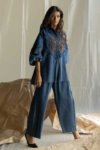 Buy_Pooja-Keyur_Blue Denim Collared Neck Embroidered Shirt And Pant Set _at_Aza_Fashions