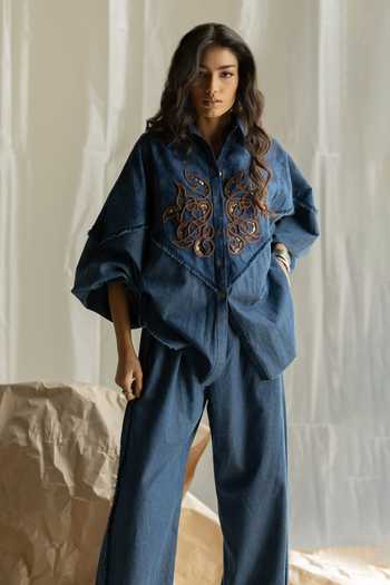 Pooja-Keyur_Blue Denim Collared Neck Embroidered Shirt And Pant Set _at_Aza_Fashions