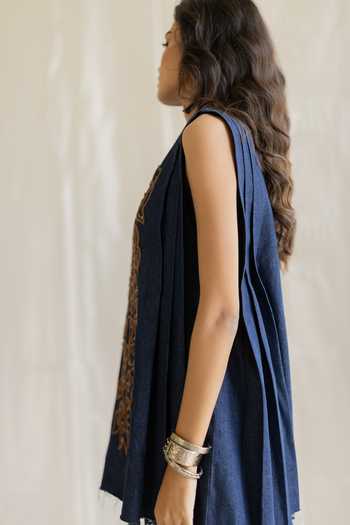 Pooja-Keyur_Blue Denim Crew Neck Embroidered Pleated Top And Pant Set _Online_at_Aza_Fashions