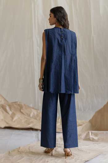 Shop_Pooja-Keyur_Blue Denim Crew Neck Embroidered Pleated Top And Pant Set _at_Aza_Fashions