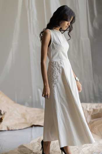 Pooja-Keyur_Off White Denim Round Neck Midi Dress _Online_at_Aza_Fashions