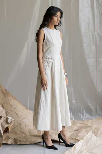 Shop_Pooja-Keyur_Off White Denim Round Neck Midi Dress _at_Aza_Fashions