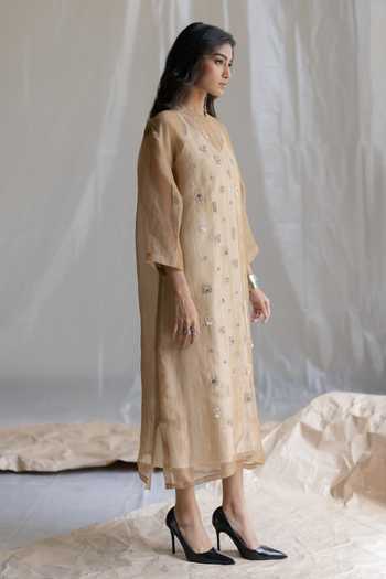 Pooja-Keyur_Beige Organza, Denim Round Neck Aari Embroidered Midi Dress _Online_at_Aza_Fashions
