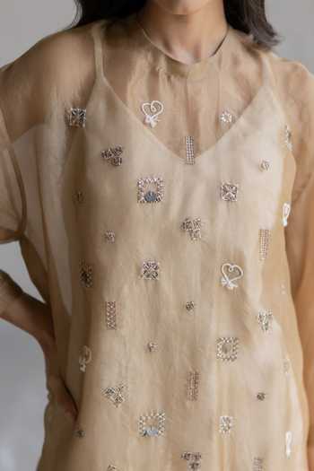 Pooja-Keyur_Beige Organza, Denim Round Neck Aari Embroidered Midi Dress _at_Aza_Fashions