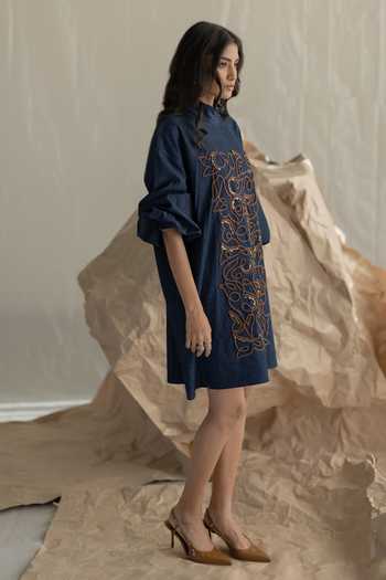 Buy_Pooja-Keyur_Blue Denim Mandarin Collar Box Dress _Online_at_Aza_Fashions