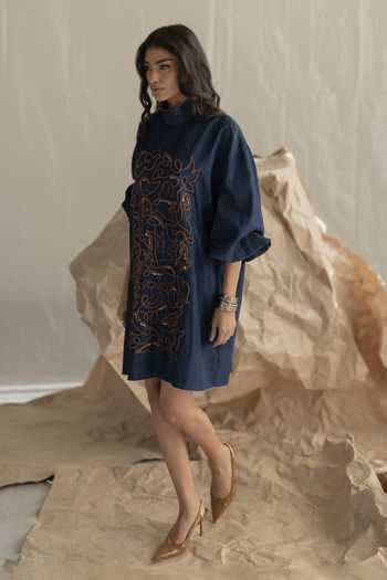 Shop_Pooja-Keyur_Blue Denim Mandarin Collar Box Dress _Online_at_Aza_Fashions