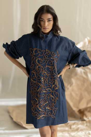 Pooja-Keyur_Blue Denim Mandarin Collar Box Dress _at_Aza_Fashions