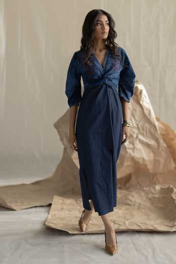 Pooja-Keyur_Blue Denim V-neck Wrap Maxi Dress _Online_at_Aza_Fashions