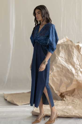 Buy_Pooja-Keyur_Blue Denim V-neck Wrap Maxi Dress _Online_at_Aza_Fashions