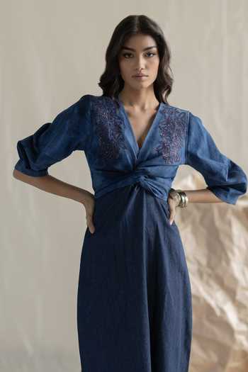 Pooja-Keyur_Blue Denim V-neck Wrap Maxi Dress _at_Aza_Fashions