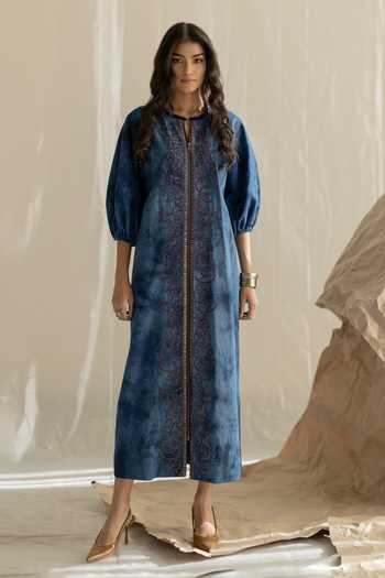 Shop_Pooja-Keyur_Blue Denim Keyhole Neck Aari Tie-dye Dress _Online_at_Aza_Fashions