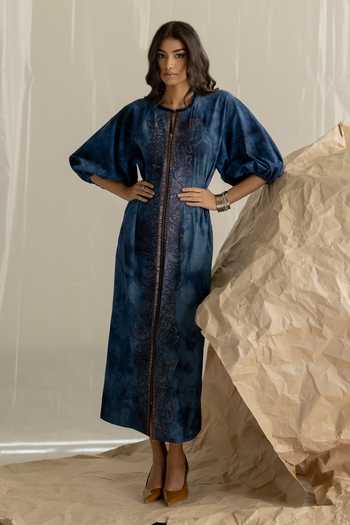 Pooja-Keyur_Blue Denim Keyhole Neck Aari Tie-dye Dress _at_Aza_Fashions