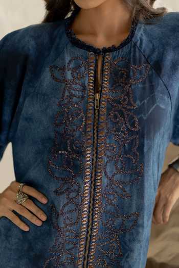 Buy_Pooja-Keyur_Blue Denim Keyhole Neck Aari Tie-dye Dress 