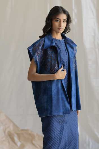 Pooja-Keyur_Blue Organza, Denim Round Neck Dress _Online_at_Aza_Fashions