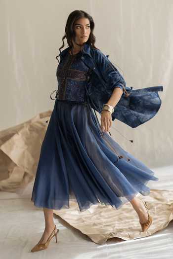 Buy_Pooja-Keyur_Blue Denim Collared Neck Tie-dye Embroidered Shirt _Online_at_Aza_Fashions