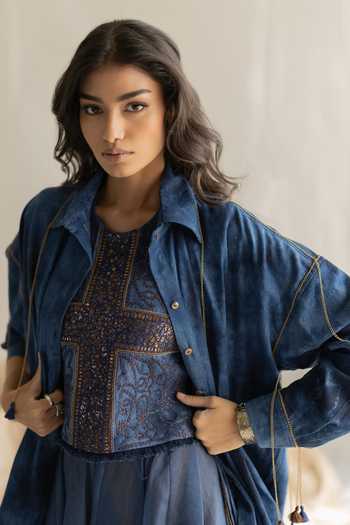 Pooja-Keyur_Blue Denim Collared Neck Tie-dye Embroidered Shirt _at_Aza_Fashions