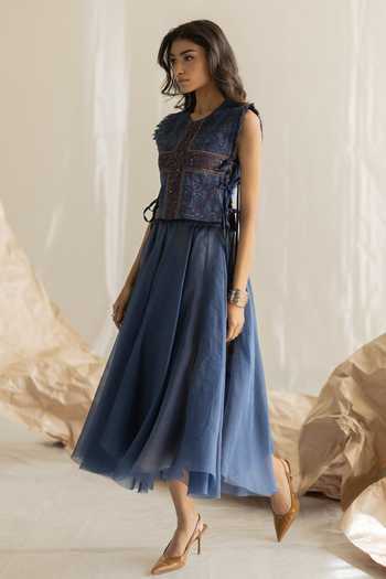 Shop_Pooja-Keyur_Blue Organza Long Skirt _Online_at_Aza_Fashions