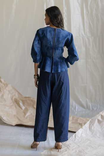 Shop_Pooja-Keyur_Blue Denim V-neck Tie-dye Top _at_Aza_Fashions