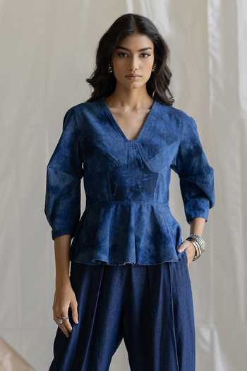 Buy_Pooja-Keyur_Blue Denim V-neck Tie-dye Top _at_Aza_Fashions