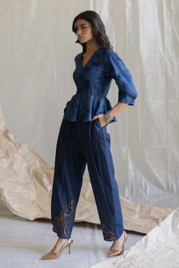 Buy_Pooja-Keyur_Blue Denim V-neck Tie-dye Top _Online_at_Aza_Fashions