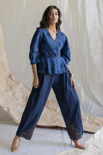 Shop_Pooja-Keyur_Blue Denim Pant _at_Aza_Fashions