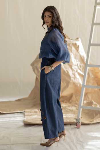 Shop_Pooja-Keyur_Blue Organza Mandarin Collar Aari Embroidered Top _at_Aza_Fashions