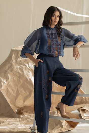 Pooja-Keyur_Blue Organza Mandarin Collar Aari Embroidered Top _Online_at_Aza_Fashions