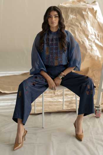 Buy_Pooja-Keyur_Blue Organza Mandarin Collar Aari Embroidered Top _Online_at_Aza_Fashions