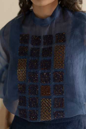 Shop_Pooja-Keyur_Blue Organza Mandarin Collar Aari Embroidered Top _Online_at_Aza_Fashions