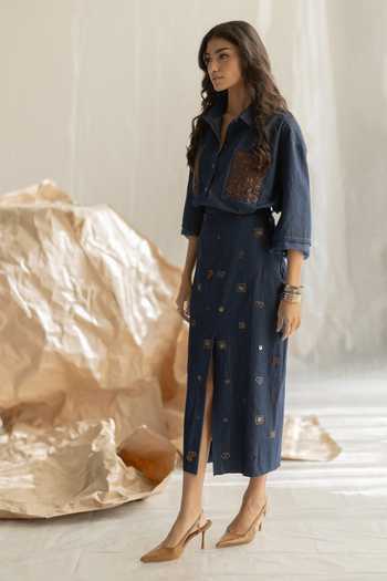Pooja-Keyur_Blue Denim Collared Neck Embroidered Shirt _Online_at_Aza_Fashions