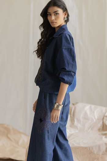 Shop_Pooja-Keyur_Blue Denim Open Neck Placement Embroidered Shirt _at_Aza_Fashions