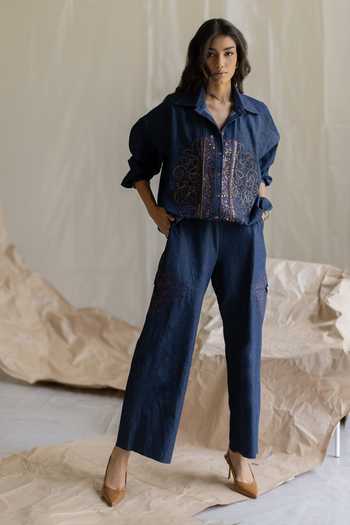 Pooja-Keyur_Blue Denim Open Neck Placement Embroidered Shirt _Online_at_Aza_Fashions