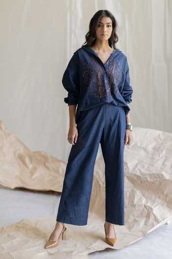 Buy_Pooja-Keyur_Blue Denim Open Neck Placement Embroidered Shirt _Online_at_Aza_Fashions