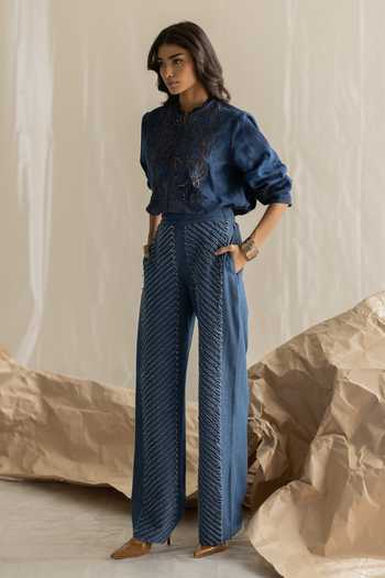 Pooja-Keyur_Blue Denim Mandarin Collar Aari Embroidered Shirt _Online_at_Aza_Fashions