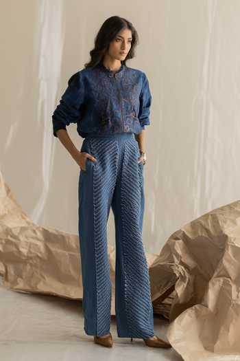 Shop_Pooja-Keyur_Blue Denim Mandarin Collar Aari Embroidered Shirt _at_Aza_Fashions