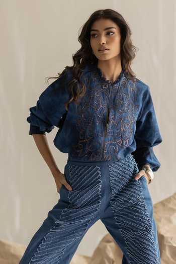 Buy_Pooja-Keyur_Blue Denim Mandarin Collar Aari Embroidered Shirt _Online_at_Aza_Fashions