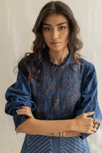 Shop_Pooja-Keyur_Blue Denim Mandarin Collar Aari Embroidered Shirt _Online_at_Aza_Fashions