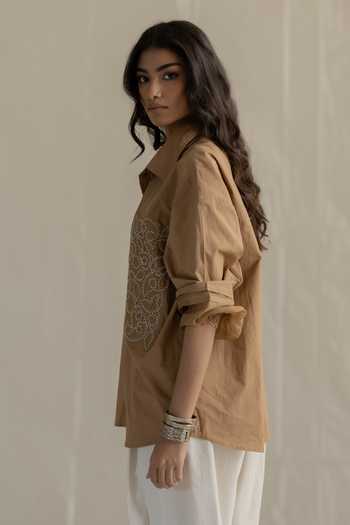 Pooja-Keyur_Beige Cotton Collared Neck Aari Pocket Patch Shirt _Online_at_Aza_Fashions