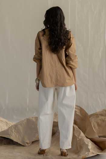 Shop_Pooja-Keyur_Beige Cotton Collared Neck Aari Pocket Patch Shirt _at_Aza_Fashions