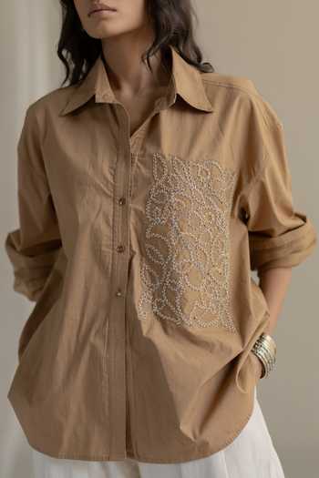Buy_Pooja-Keyur_Beige Cotton Collared Neck Aari Pocket Patch Shirt _Online_at_Aza_Fashions