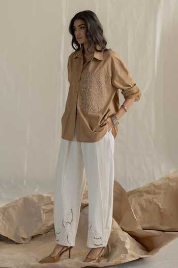 Shop_Pooja-Keyur_Beige Cotton Collared Neck Aari Pocket Patch Shirt _Online_at_Aza_Fashions