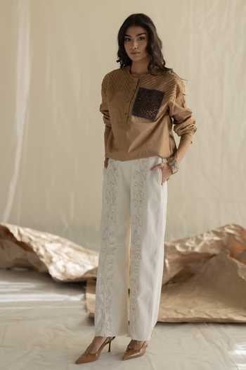 Shop_Pooja-Keyur_Beige Cotton Round Neck Top _Online_at_Aza_Fashions